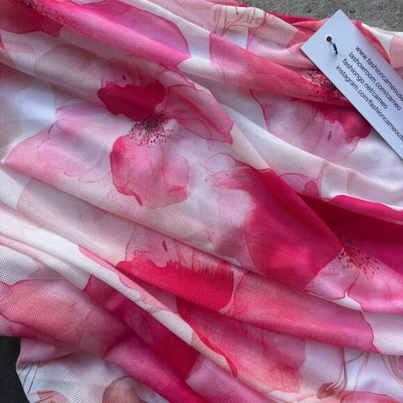 Cameo Ruched Mesh One Shoulder Maxi Dress Women's L Fuschia Floral Print - Picture 5 of 12